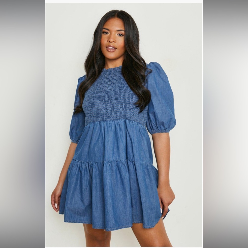 BOOHOO Plus Chambray Shirred Smock Dress
